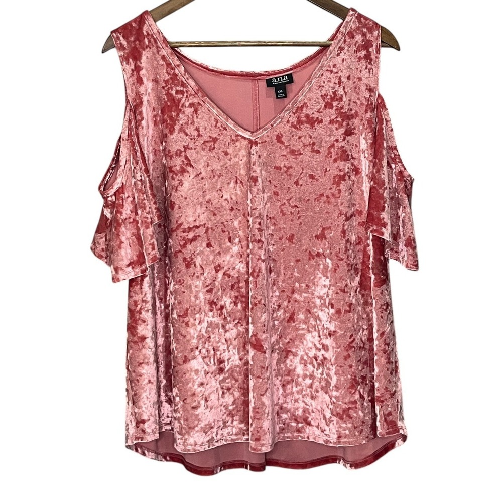 A.N.A Women Top Cold Shoulder S/S Tunic Pink Velvet Romantic Feminine Royal XXL
